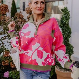 Impressions Cider And Sunsets Floral Sweater in Pink - L